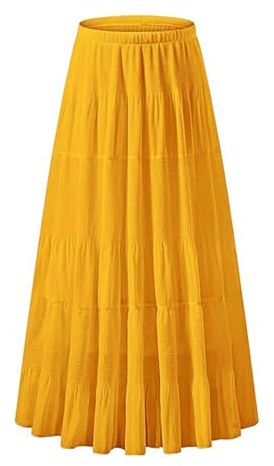 Elastisk Hög Midja Plisserad Midikjol I Chiffong for Kvinnor Casual A-linje Flowy Partykjol(Yellow,XL)