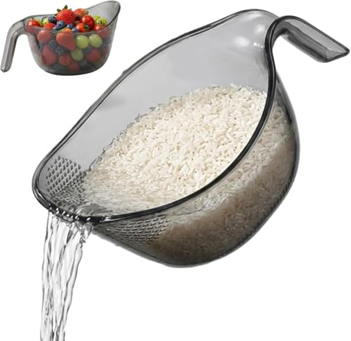 Multipurpose Rice Washing Bowl Strainer with Handle, Multi-Functional Rice Strainer with Handle, Quick Drainage Bowl for Washing Rice, Fruits and Vegetables (Grey)