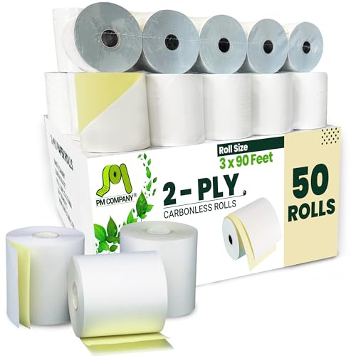 PM Company 2 Ply POS/Cash Register Rolls, 3 Inches X 90 Feet, White/Canary, 50 per Carton (07706)