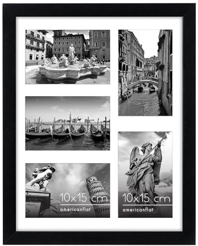 Americanflat 28x36 cm Bilderrahmen Collage Schwarz - Fünf 10x15 cm Bilder mit Matte & 28x36 cm ohne Matte Anzeigen - Bilderrahmen 5 Bilder für Bilder der Familie - Verbundholz mit Bruchsicheres Glas