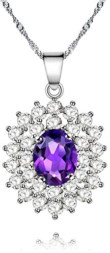 Uloveido Frauen Natürliche Lila Amethyst Edelstein Halo Kate Middleton Prinzessin Diana Engagement Anhänger Halskette 925 Sterling Silber Kette (0.8ct, Geschenkbox Verpackung) CN002