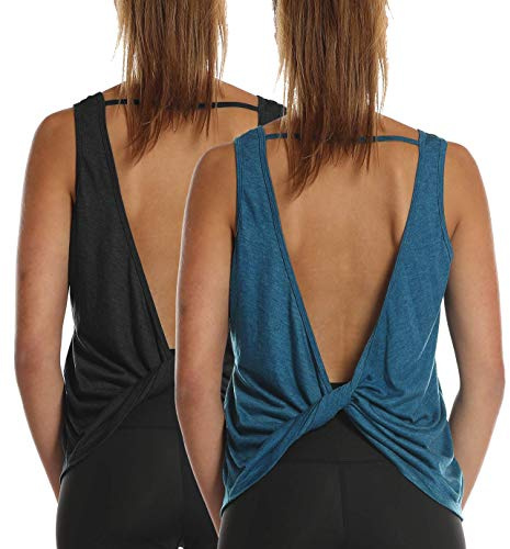 icyzone Womens' Yoga Tops Open Back Workout Tank Tops Loose fit Sleeveless Athletic Gym Shirts (Pack of 2) (M, Black*/Denim*)