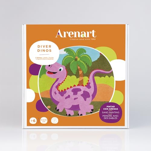 ARENART | Pack 2 Dinosaurier-Zeichnungen 30x30cm | mit farbigem Sand malen | Basteln für Mädchen | Kinderzeichnung | Malen nach Zahlen | +6 Jahre