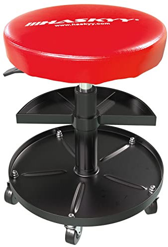 HASKYY Höhenverstellbar Werkstattstuhl Werkstatthocker Werkstattsitz Arbeits-Hocker-Stuhl-Sitz ROT mit 5 Rollen | ca. ø 40cm | 2 Ablagen | 430-580mm