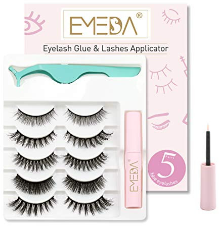 EMEDA 3D ciglia finte naturali con colla 5 paia di ciglia soffici occhi di gatto Confezione multipla di ciglia finte spesse e lunghe con colla e applicatore ciglia a strisce riutilizzabili (Mix 01)