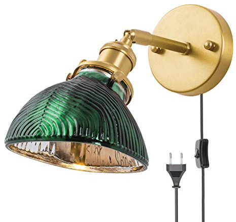 OOWOKS Innen Wandleuchte Mit Schalter aus Messing Wandlampe Verstellbarer Arm, mit Stecker 1,8M Kabel, Industrie Wand-Leselampen Schlafzimmer Bettlampe, E27 Beleuchtung Wohnzimmer Retro Wandlicht