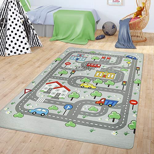 TT Home Teppich Kinderzimmer Spielteppich Babymatte Junge Straßenteppich Auto Stadt, Farbe:Grau, Größe:80x150 cm