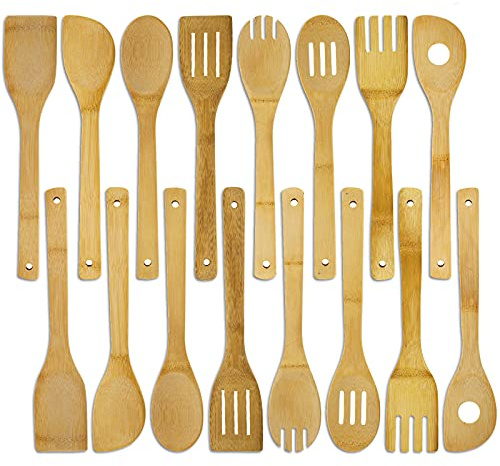 DEAYOU 16 PCS Bamboo Kitchen Utensils, Wood Spoons Spatula Set for Cooking, Nonstick Natural Cooking Utensils for Cookware, Wok, Everyday Use, Mothers Day Gifts, Housewarming Gifts