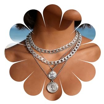 Sttiafay Punk Chunky Chain Necklace Exaggerated Layered Cuban Link Chain Necklace Multilayer Carved Coin Pendant Necklaces Thick Choker Jewelry for Women (Silver)