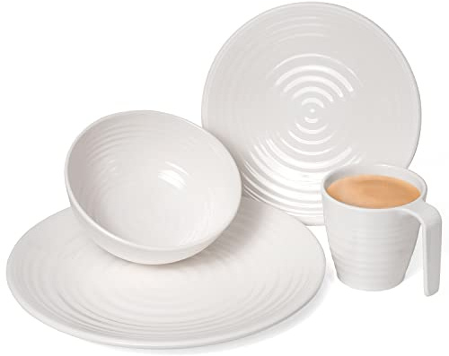 Melamin Camping Geschirr Set 1-4 Personen I 4-32 Teilig I Tasse I Schüssel I Gläser I Teller Set I Picknick BBQ Kochgeschirr I Crema Design