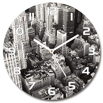 Tulup Glasuhr ⌀ 60cm - weißen Zeigern - Wanduhr Wandkunst Bild Gehärtetem Glas Uhr Echtglas Küche Wohnzimmer - New York Vogelflug