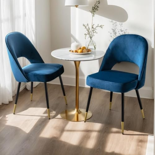 chairus 2er Set Esszimmerstühlen aus Samt für Küche Wohnzimmer Modern Armloser Bürostuhl Polsterstuhl Seitenstühle Hohler Rückenmit Metallbeinen (Blau-2)