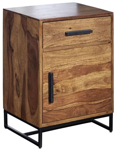 FineBuy Nachttisch 45x35x65 cm Sheesham Massivholz, Schublade und Tür | Nachtkonsole Industrial mit Metallgestell, Nachtkästchen aus Echtholz, handgefertigtes Unikat