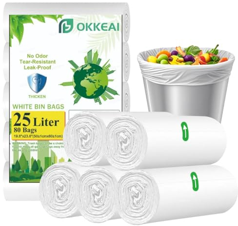 OKKEAI Müllbeutel, 25 l, Weiß, für Kücheneimer, 80 Stück | Langlebige, starke Müllsäcke, auslaufsicher, reißfest, passend für mittlere Abfalleimer