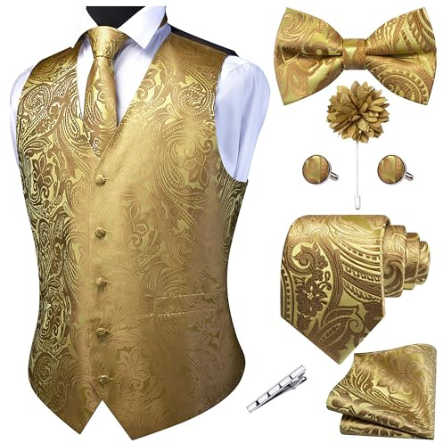 GUSLESON Mens Gold Paisley Suit Vest Tie and Bow Tie Set Silk Floral Waistcoat Necktie and Pocket Square Lapel Pin Set (0810-01-M)