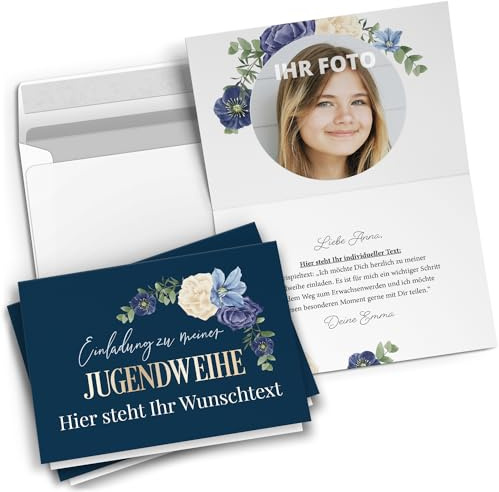 10 personalisierte Jugendweihe Einladungskarten mit eigenem Text und Foto - Romantic Flowers Blue Mädchen - Einladungen mit Umschlägen