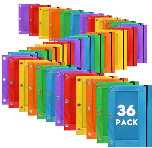 Pencil Pouch for 3 Ring Binder, 36 Pack Bulk Pencil Bags with Zipper, 6 Colored Pencil Case for Classroom School Office supplies , Large Sturdy and Durable Cloth Pencil Pocket for 3 Holder Binder