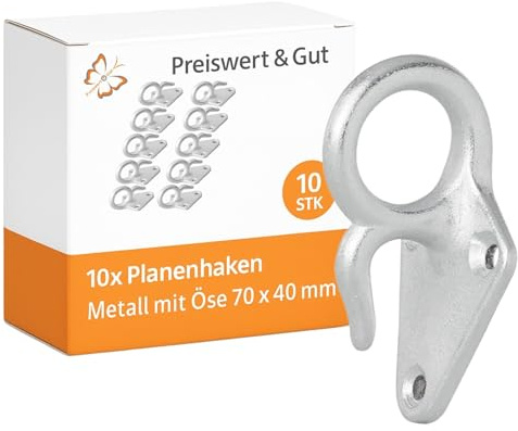 10 STK Dreilochplanenhaken Anhänger Gusseisen feuerverzinkt 70 x 40 mm | Silberne Metallhaken mit je 56 g, als Planenhaken, Netzhaken, Spannhaken und Zurrhaken für Anhänger nutzbar