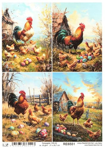 Josys Bastelmärchen Reispapier A4 Strohseide Decoupage Ostern Hahn Hühner Ostereier Wiese RE6551