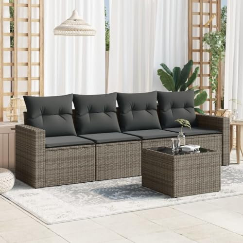ULUYYUC 5-TLG. Garten-Sofagarnitur, Küchensofa Polsterbank Fußhocker Gartenstühle Geeignet für Balkon Hinterhof Garten Außenbereich mit Kissen Grau Poly Rattan