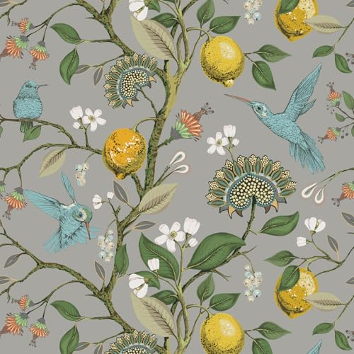 VaryPaper Blå fågel självhäftande vintage blommig tapet 44,5 cm x 300 cm klibbig baksida plast grå vinylwrap för möbler, sovrum, vardagsrum, skåp, bakgrund