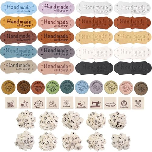 80pcs Handmade Label zum Annähen Handgefertigte Etiketten PU Leder Label Etiketten zum Aufnähen Handgefertigt Geprägtes Etikett Stoffetiketten Handmade Tags zum Einnähen für Jeans,Taschen,Hüte-4 Stile