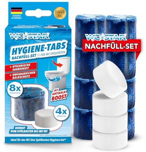 WC-Star Set di ricarica per pulizia e freschezza dalla cassetta di risciacquo al WC | 8 pastiglie di freschezza attive blu e 4 pietre anticalcare | Freschezza e purezza senza acqua bloccata