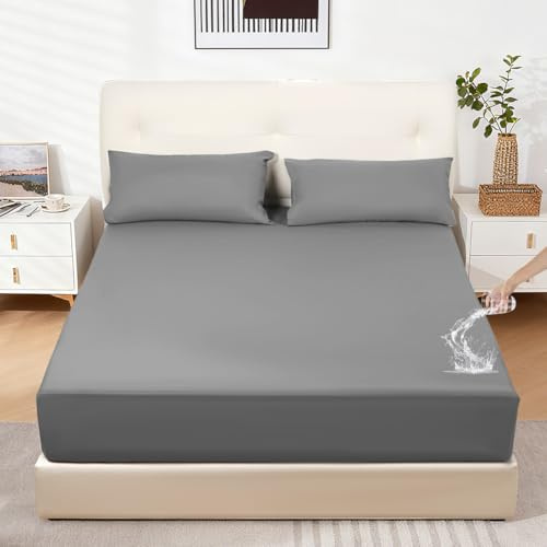 DUJUIKE Coprimaterasso Impermeabile, Lenzuolo con angoli impermeabile, Tasca Profonda, Adatto per materassi da 20-40 cm, Adatto per gatti, Cani, Bambini, Ipoallergenico(Grigio,180x200cm)