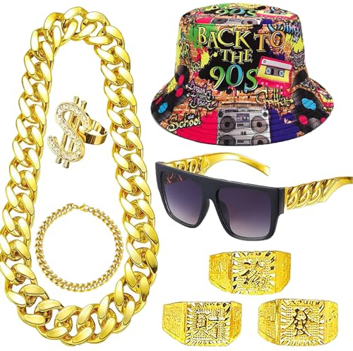 8 Stück Zuhälter Rapper Kostüm Goldkette Fasching, 90er Jahre Outfit Herren, Gangster Kostüm Herren, Lustige Hüte/Große Goldene Kette/Dollar Ring/Goldenes Armband für Karneval Fasching Mottoparty