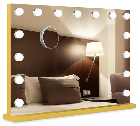 Bayt Hollywood Espejo 80 x 60 cm, Espejo Maquillaje con 18 Luces, Espejo de Aumento 10x, Regulable, Ampliación, Oro