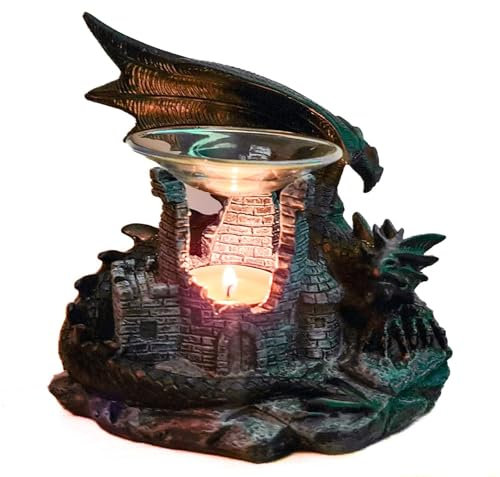 Kremers Schatzkiste Dragon Fragrance Lamp 22 cm Aroma Lamp Burgruine Tea Light Holder – for Essential Oils Scented Wax Fragrance Oil Fantasy Decoration Polyresin 19 x 22 x 18 cm Gift Living Room