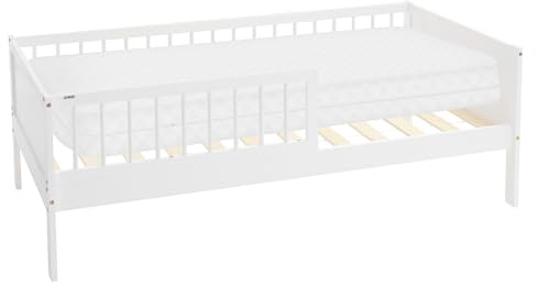 ML-Design barnsäng 80x160 cm med madrass, vit, enkelsäng för barn med resårbotten och fallskydd, ungdomssäng av furu, träbädd, sängram för pojkar & flickor, barnsäng av massivt trä