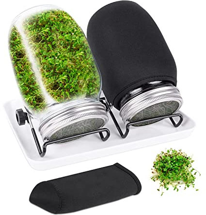 Surluoen Kit de Pots de Germination de Graines avec 2 Bocaux Mason à Large Ouverture Kit de Culture de Germes de Soja Pot de Culture avec Couvercles en Filet