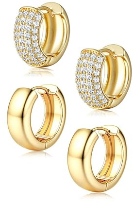 Chriscoco 2Paar Creolen Gold Ohrringe Creolen Ohrringe Gold Set für Mehrere Piercings Hypoallergene Ohrringe Gold CZ Klein Leichte Goldene Ohrringe Damen