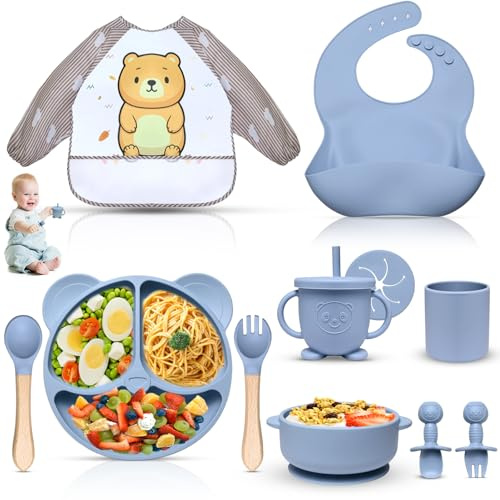 Dazhtu Set de Vajilla de Siliconea para Bebés 11 Piezas con Ventosa y Plato Impermeable Cubiertos Babero (Azul)
