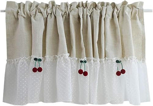 Kurzer Türvorhang aus Baumwollleinen, Landhausstil, Kirsch-Spitze, halbtransparent, rustikaler ländlicher Stil mit Quasten, Stangentasche für Küche, Wäsche, Haustür, kleine Fenster (170 x 100 cn)