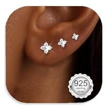 HEEYA 3 Paires Boucles d’Oreilles Argent 925 Pour Femme Fleur Piercings Oreille Cartilage, Zirconium Cubique 5A 3/4/5mm Clous Hypoallergéniques avec Boîte Cadeau