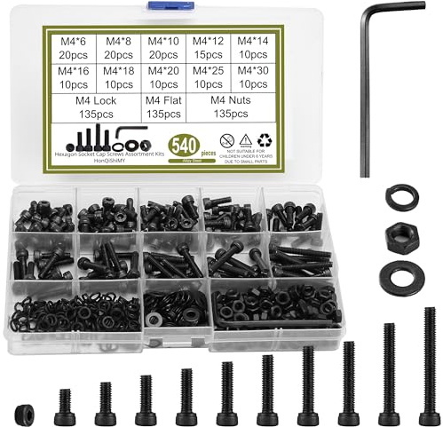 HonQiShiMY 540 Piezas M4 Juego de Tornillos y Tuercas, Tornillos y Tuercas de Cabeza Cilíndrica Kit,tornillos de cabeza hueca combinados de tuerca de acero de aleación con arandelas y 1 llaves