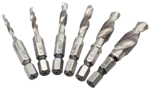6 Teiliges Kombi Gewindebohrer Bit Satz 1/4 HSS M3-M10 Silber | Schraube Sechskantschaft Senker Werkzeuge Maschinengewindebohrer Set Gewindebohrer für Holz Kunststoff Aluminium Metall