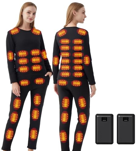Ventouse Beheizte Unterwäsche Set mit 2-Powerbanks: 3 Heizstufen 42 Heizzonen Winter Damen Beheizte Hose und Top für Motorrad Jagd Ski Wintercamping (Schwarz-Damen, S)