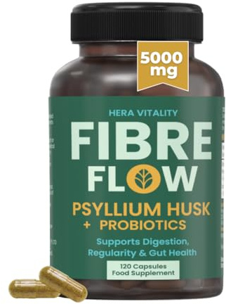 Psyllium Husk Fibre Flow Supplement with Probiotics | 120 Vegan Capsules | Daily Gut, Digestive & Heart Health Support | Natural Stool Fibre Boost HERA Vitality
