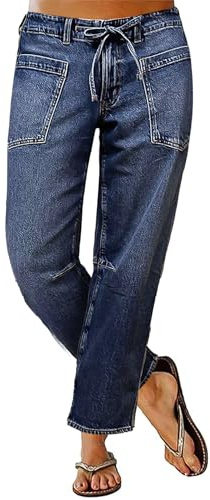 Flamingals Women's Mid Waist Straight Leg Jeans Drawstring Cropped Jeans Women Stretchy Deep Blue M