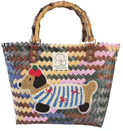 Genérico Bolsos Tejidos para Mujer,Cesta Tejida de Paja Estilo Dachshund | Cesta Artesanal Para Playa Paseo Trabajo Viaje Diario Picnic Resort Bodas Cumpleaños