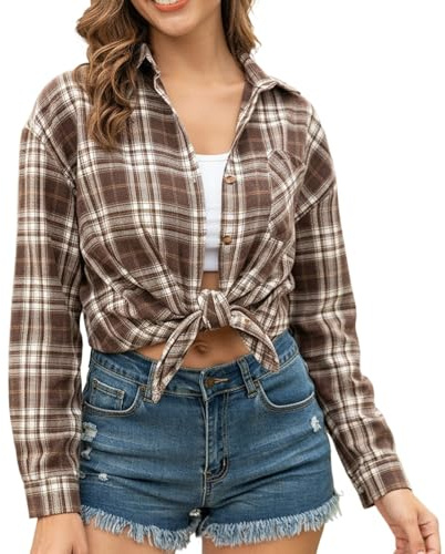 Generisch Camisa de franela para mujer estilo leñador - Camisa de manga larga a cuadros de algodón con botones | Blusa informal para un look otoñal relajado