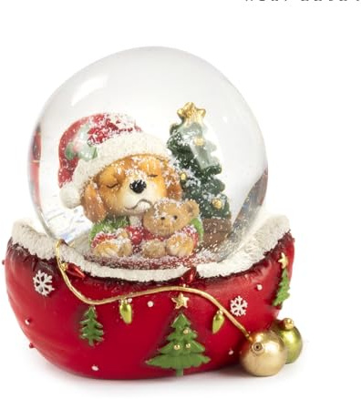 Sfera di Neve Natalizia con Cucciolo Cane, Decorazione Festiva in Resina, Base Rossa con Alberi di Natale e Fiocchi di Neve, Globo con Neve Alt. cm. 8,6 diam sfera cm. 6,5 larg cm. 8