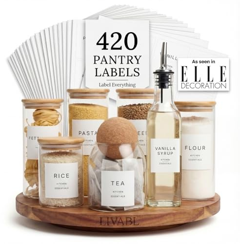 Livabl 420 UK Designed Pantry Labels for Jars - Stylish Minimalist Food White Labels Stickers for Jars | Kitchen Organisation - Durable Design for Long-Lasting Use | Includes Tea Coffee Sugar