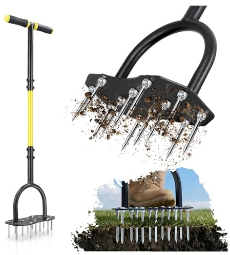 Jardineer Herramienta aireadora de césped, aireador manual de césped con 12 picos de acero extendidos gruesos, herramienta de césped premontada para aflojar el suelo y airear el patio en césped, patio