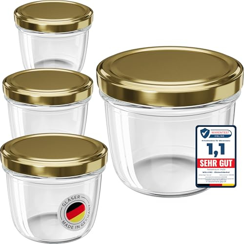 WELLGRO 50x Einmachgläser 230ml – Schraubdeckel TO82 gold – Made in Germany – Vorratsgläser, Marmeladengläser, Aufbewahrungsgläser & Gärgläser
