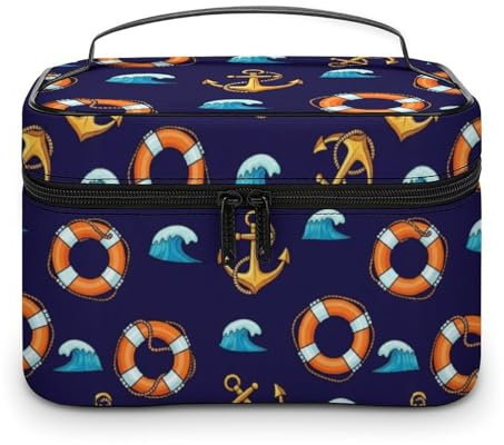 GemGam Makeup Bag for Women Summer Cosmetic Bag Nautical Waves Lifebuoy PU Leather Zipper Makeup Organizer Waterproof Toiletry Train Case