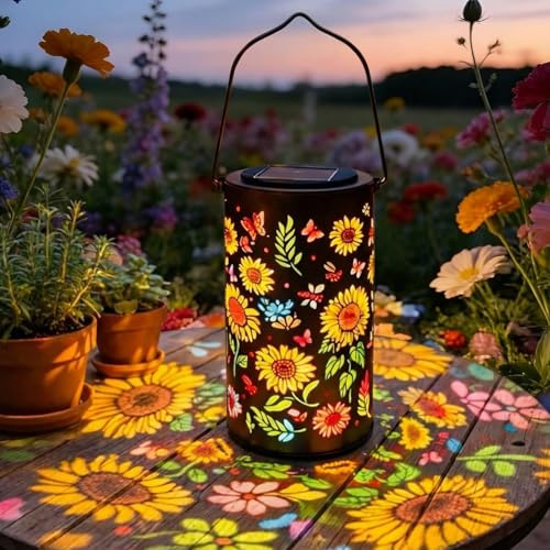 Gresonic Solarlampen für Außen, Colorful Sunflower Glow Solar Garden Lantern, Bunte Solar Gartenlaterne mit Projektion, IP65 Wasserdicht Warmweiß LED Solarleuchte für Balkon Terrasse Sonnenblumen